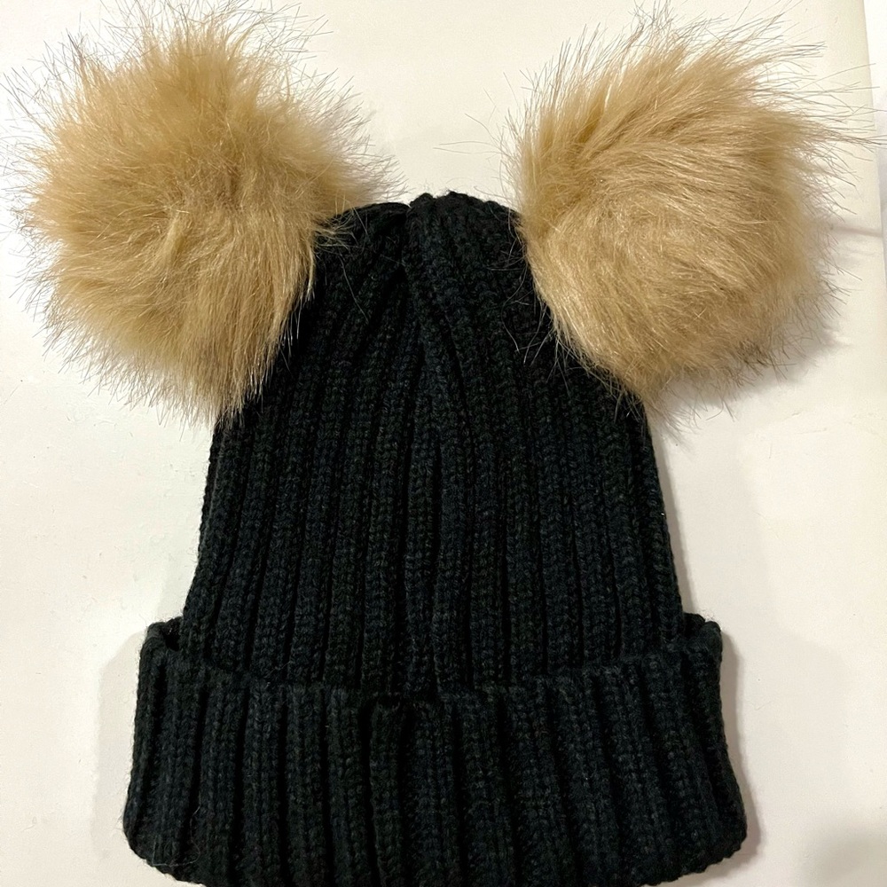 Women's Black Knit Beanie with Tan Pom Poms